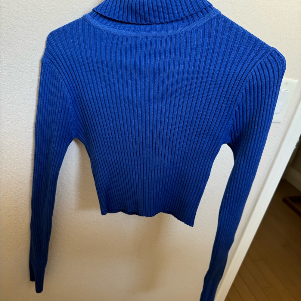 Blue Ribbed Turtleneck Sweater